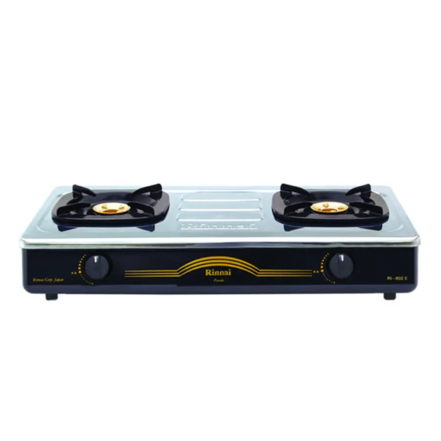 Rinnai RI-602E Two Burner Gas Cooker available at Trontronics Sri Lanka – stainless steel LPG gas stove with dual burners.