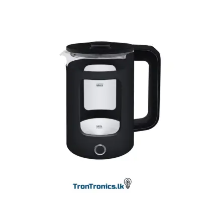 Richpower cordless electric glass kettle in black, with 1.8-liter borosilicate glass body, 1500W concealed heating element, blue LED boiling indicator, anti-scalding outer layer, and wide-mouth spout—ideal for tea, coffee, noodles, and baby formula in Sri Lankan households and offices
