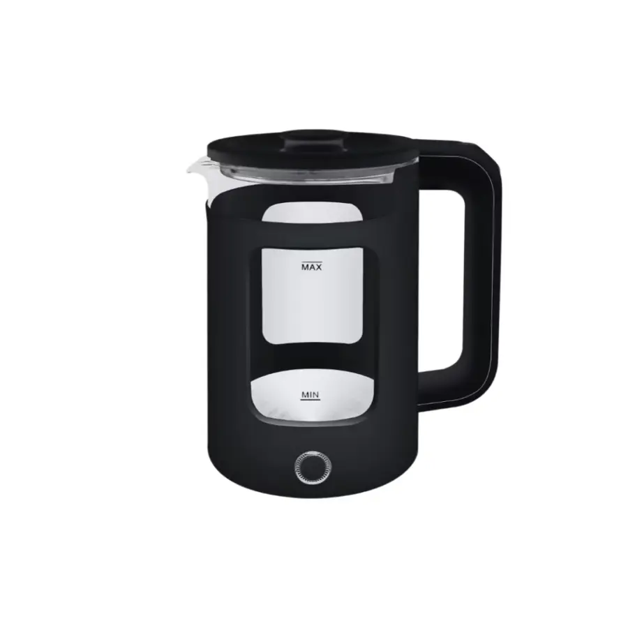 Richpower cordless electric glass kettle in black, with 1.8-liter borosilicate glass body, 1500W concealed heating element, blue LED boiling indicator, anti-scalding outer layer, and wide-mouth spout—ideal for tea, coffee, noodles, and baby formula in Sri Lankan households and offices