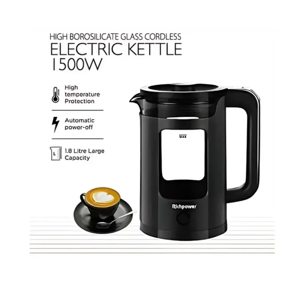 Richpower High Borosilicate Glass Cordless Electric Kettle – 1500W (Black) – photo 2