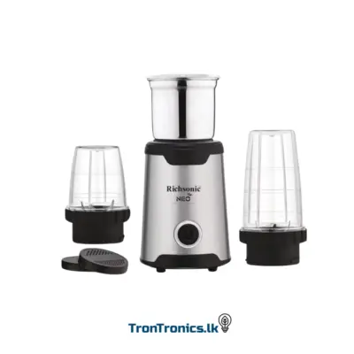 Richsonic NEO Mix & Grind 3-in-1 Mini Grinder 300W – Compact, stainless steel body with detachable polycarbonate bullet jar, small grinder jar, and large blender jar, perfect for grinding spices, making smoothies, chutneys, and pastes, includes easy one-touch operation, ideal for small kitchens and Sri Lankan households, featuring 2-year warranty.