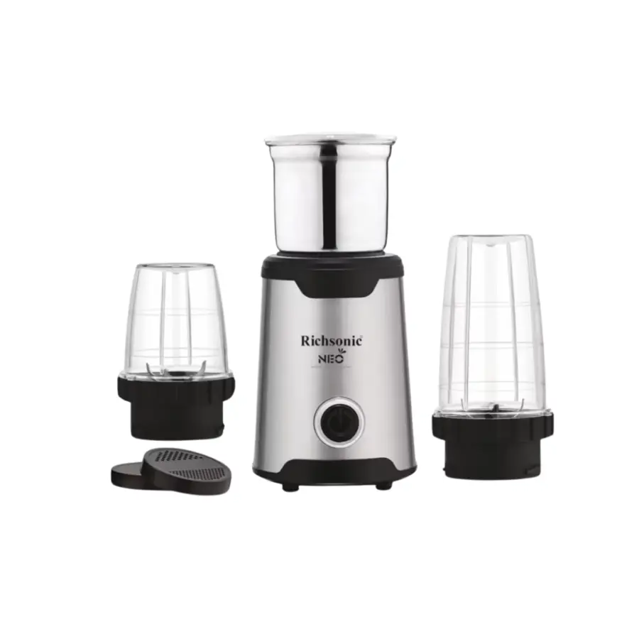 Richsonic NEO Mix & Grind 3-in-1 Mini Grinder 300W – Compact, stainless steel body with detachable polycarbonate bullet jar, small grinder jar, and large blender jar, perfect for grinding spices, making smoothies, chutneys, and pastes, includes easy one-touch operation, ideal for small kitchens and Sri Lankan households, featuring 2-year warranty.