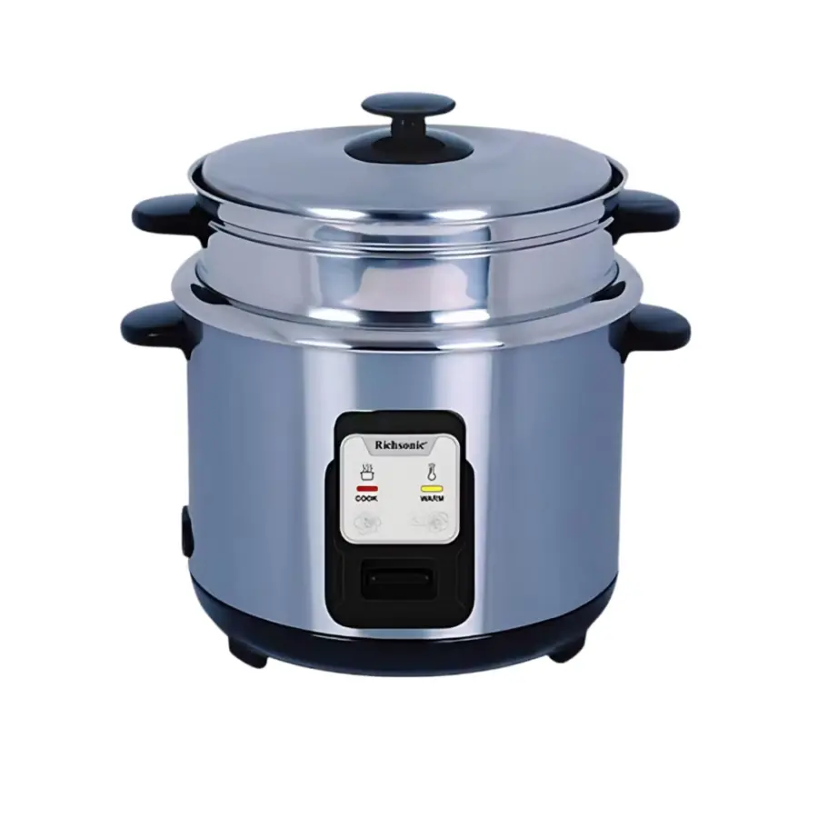 Richsonic Stainless Steel Rice Cooker in Sri Lanka – available in 1.8L and 2.8L sizes, featuring food-grade 201 stainless steel inner pot for healthy, non-toxic cooking, durable all-steel body, steamer basket for multi-functional use, ideal for cooking white rice, porridge, cakes, dumplings, and soups – perfect for Sri Lankan homes, kitchens, dormitories, and shops