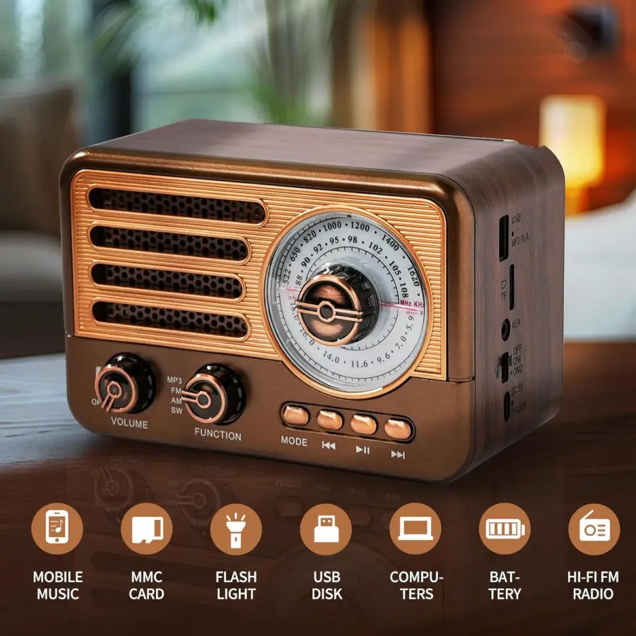 Richpower Vintage FM Radio with Bluetooth and rechargeable battery. Classic compass design, AM/FM/SW tuning, USB pendrive and MP3 player support. Available in Sri Lanka at Trontronics.lk.