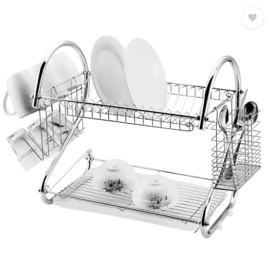 Two-Tier Stainless Steel Dish Rack – Silver, Space-Saving, Rust-Resistant, with Cutlery Holder & Drainage Tray – Available at Trontronics.lk"
