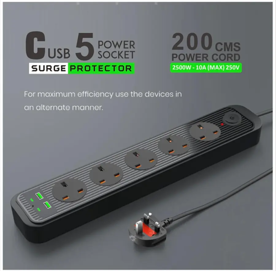 Premium 5 Way Extension Cord with 2 USB and 2 C-type ports – photo 2