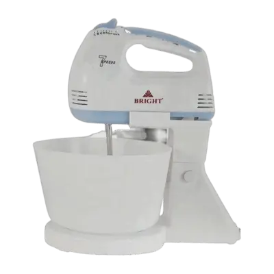 **Image Description:** A white-colored hand mixer with a 2L plastic bowl set on a kitchen countertop, reflecting the culinary culture of Sri Lanka. The mixer is equipped with heavy-duty chrome beaters and kneading hooks, catering to the diverse cooking styles of Sri Lankan cuisine. The control panel on the mixer features 7-speed settings, offering versatility to adapt to various Sri Lankan recipes. The ergonomic handle of the mixer is designed for comfort and control, appealing to the practicality valued in Sri Lankan households. The spacious plastic bowl is next to the mixer, symbolizing the preparation of generous portions for Sri Lankan family gatherings. The scene is well-lit, emphasizing the importance of vibrant flavors and textures in Sri Lankan dishes.