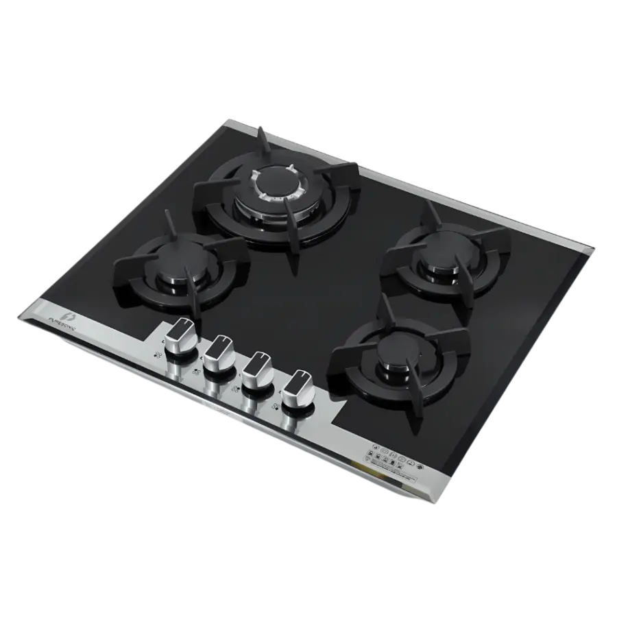 Premium Black Glass 4-Burner Cooker Hob with Heavy-Duty Cast Iron Pan Support, Battery Ignition & Blue Flame – Available at Trontronics.lk"