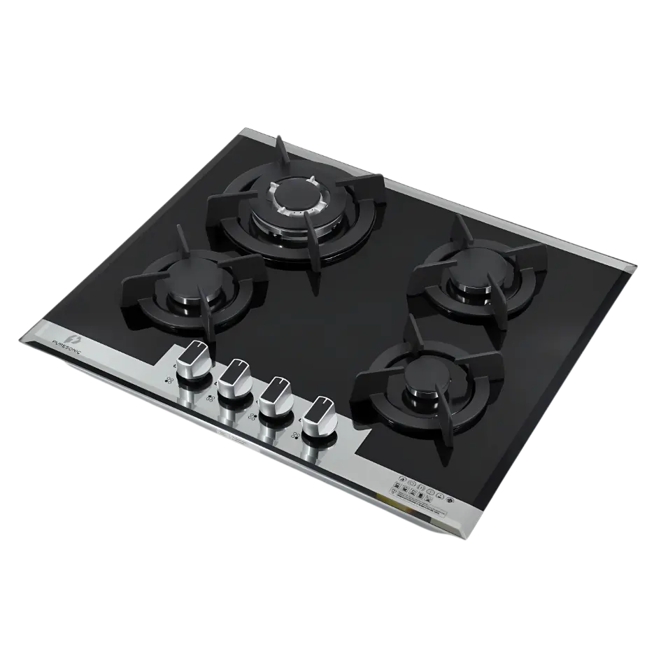 Premium Black Glass 4-Burner Cooker Hob with Heavy-Duty Cast Iron Pan Support, Battery Ignition & Blue Flame – Available at Trontronics.lk"