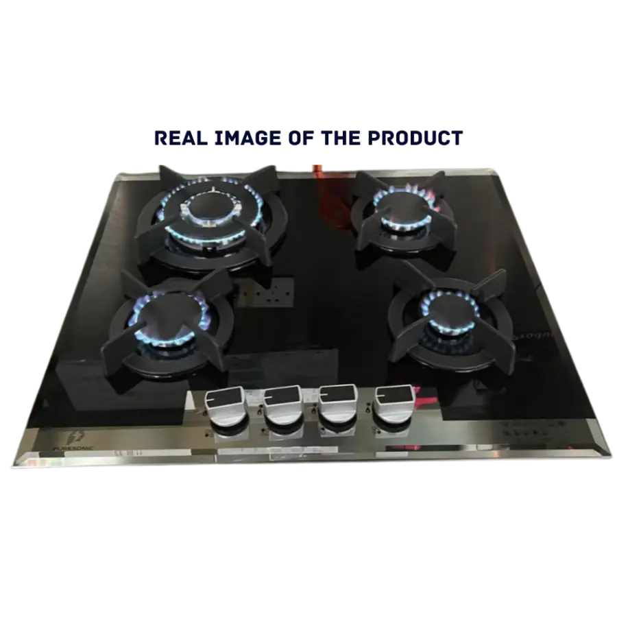 Premium Black Glass 4-Burner Cooker Hob with Heavy-Duty Cast Iron Pan Support, Battery Ignition & Blue Flame – Available at Trontronics.lk"