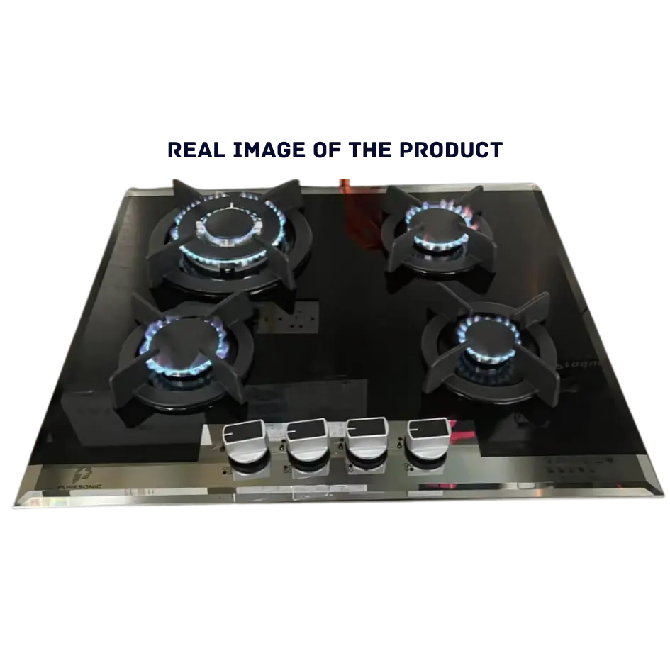 Premium Black Glass 4-Burner Cooker Hob with Heavy-Duty Cast Iron Pan Support, Battery Ignition & Blue Flame – Available at Trontronics.lk"