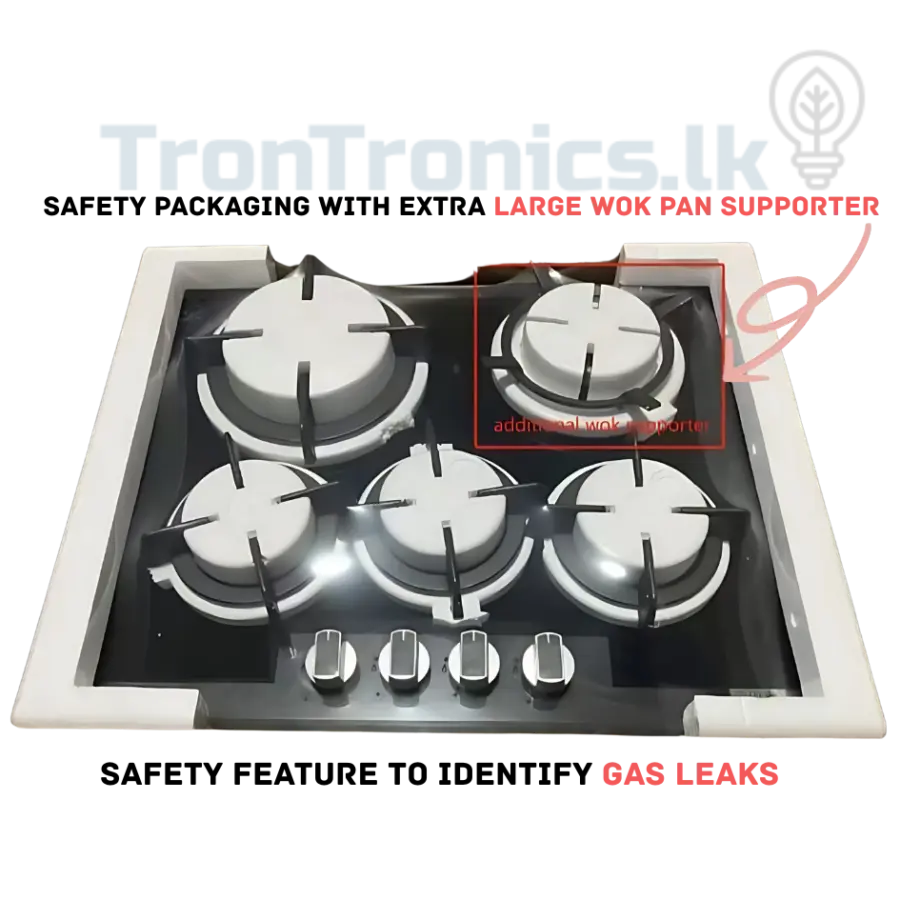 PURESONIC 4 Burner Tempered Glass Gas Hob with Flame Failure Safety – SLSI Approved, Available at Trontronics.lk Sri Lanka