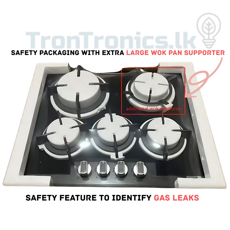 PURESONIC 4 Burner Tempered Glass Gas Hob with Flame Failure Safety – SLSI Approved, Available at Trontronics.lk Sri Lanka