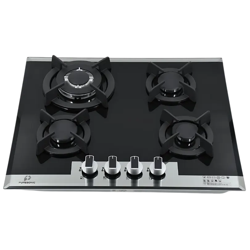 PURESONIC 4 Burner Tempered Glass Gas Hob with Flame Failure Safety – SLSI Approved, Available at Trontronics.lk Sri Lanka