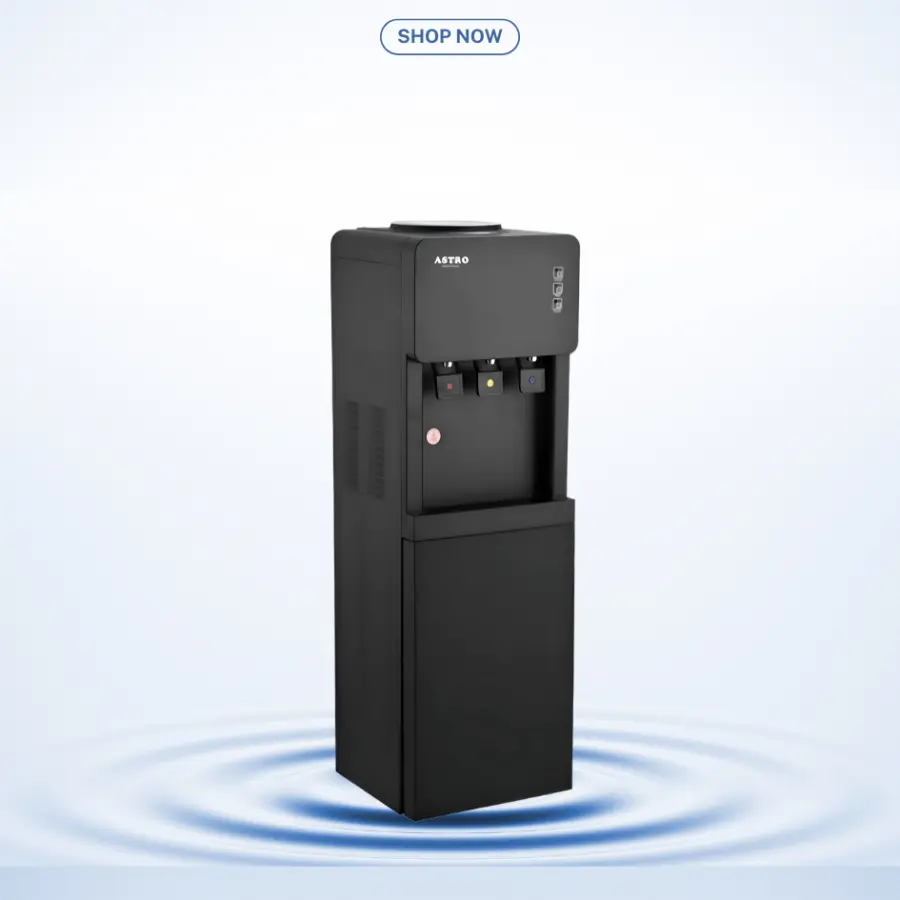 Free-Standing 3-Tap Electric Water Dispenser – Hot, Cold & Normal Water, with Bottom Storage Cabinet, Available in Sri Lanka at Trontronics.lk