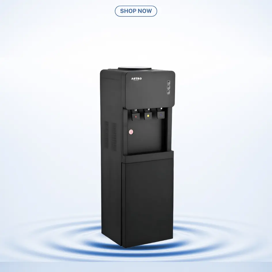 Free-Standing 3-Tap Electric Water Dispenser – Hot, Cold & Normal Water, with Bottom Storage Cabinet, Available in Sri Lanka at Trontronics.lk