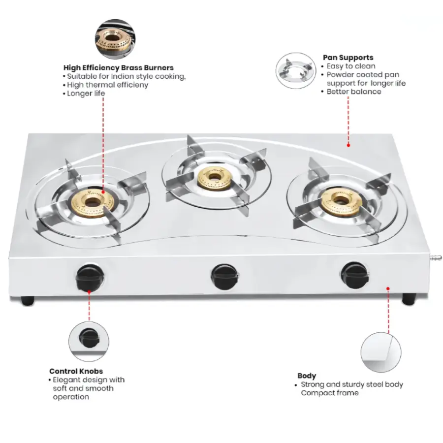 Premium Stainless Steel 3 Burner LPG Indian Gas Cooker with SS Pan Support – photo 2