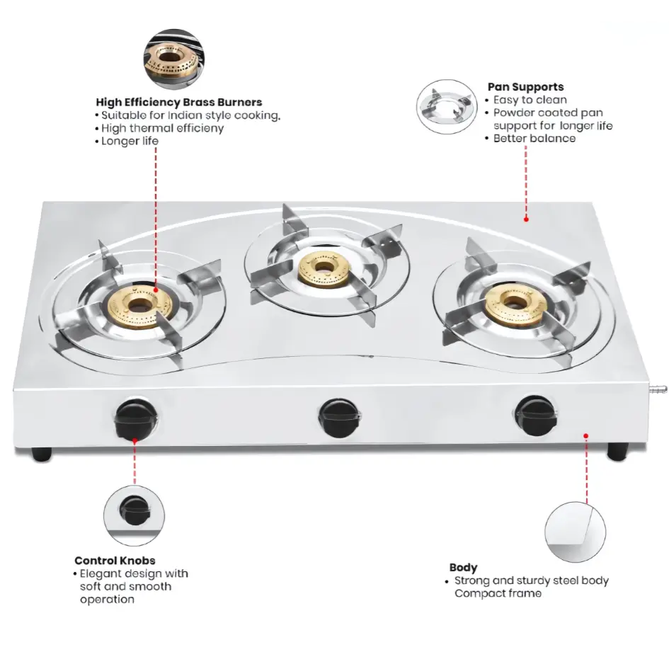 Premium Stainless Steel 3 Burner LPG Indian Gas Cooker with SS Pan Support – photo 2