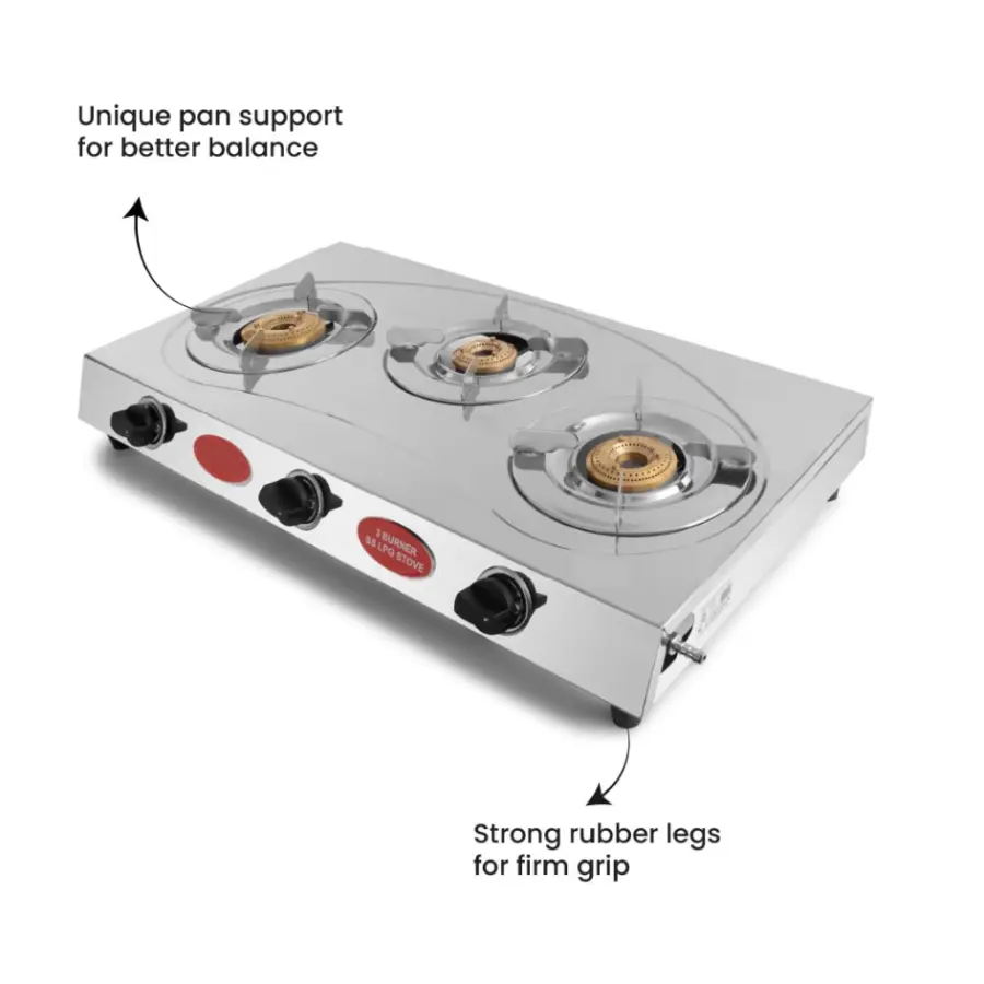 Mitshu 3-Burner LPG Gas Cooker with stainless steel pan support, brass burners, and energy-efficient design – sold by Trontronics.lk in Sri Lanka.