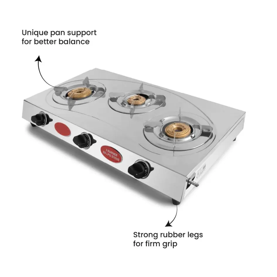 Mitshu 3-Burner LPG Gas Cooker with stainless steel pan support, brass burners, and energy-efficient design – sold by Trontronics.lk in Sri Lanka.