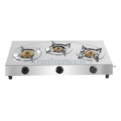 Mitshu 3-Burner LPG Gas Cooker with stainless steel pan support, brass burners, and energy-efficient design – sold by Trontronics.lk in Sri Lanka.