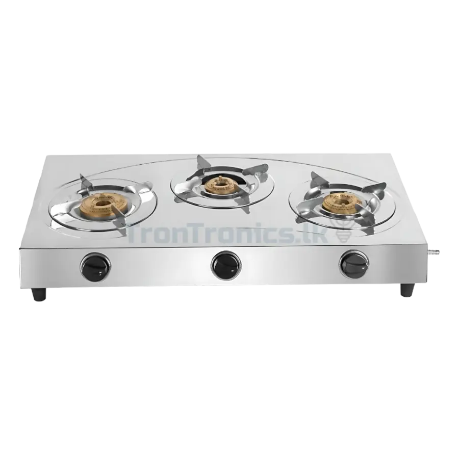 Mitshu 3-Burner LPG Gas Cooker with stainless steel pan support, brass burners, and energy-efficient design – sold by Trontronics.lk in Sri Lanka.