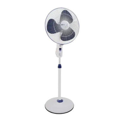 Model Name Stand 34 Volts/Freq 220-240 V, 1-ph, AC, 50Hz Test Voltage 230V, 1-ph, AC, 50Hz Standing Voltage Max. 187 Volts at 1st Step Air Delivery (m3/hr) 5040 Speed Regulation 3 speed & off position Angle of osscillation 90 (Approx) Blade material Metal – aluminium Special Features Copper Wire Winding Motor protection with Thermal overload protection device with auto reset Powder coated guard gives extra protection & longer life Sintered Bronze bush Telescopic arrangement for height adjustment Fan colour Crystal White & Azure Blue