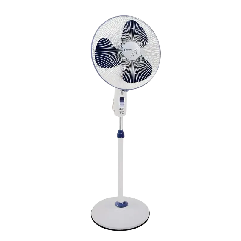 Model Name Stand 34 Volts/Freq 220-240 V, 1-ph, AC, 50Hz Test Voltage 230V, 1-ph, AC, 50Hz Standing Voltage Max. 187 Volts at 1st Step Air Delivery (m3/hr) 5040 Speed Regulation 3 speed & off position Angle of osscillation 90 (Approx) Blade material Metal – aluminium Special Features Copper Wire Winding Motor protection with Thermal overload protection device with auto reset Powder coated guard gives extra protection & longer life Sintered Bronze bush Telescopic arrangement for height adjustment Fan colour Crystal White & Azure Blue