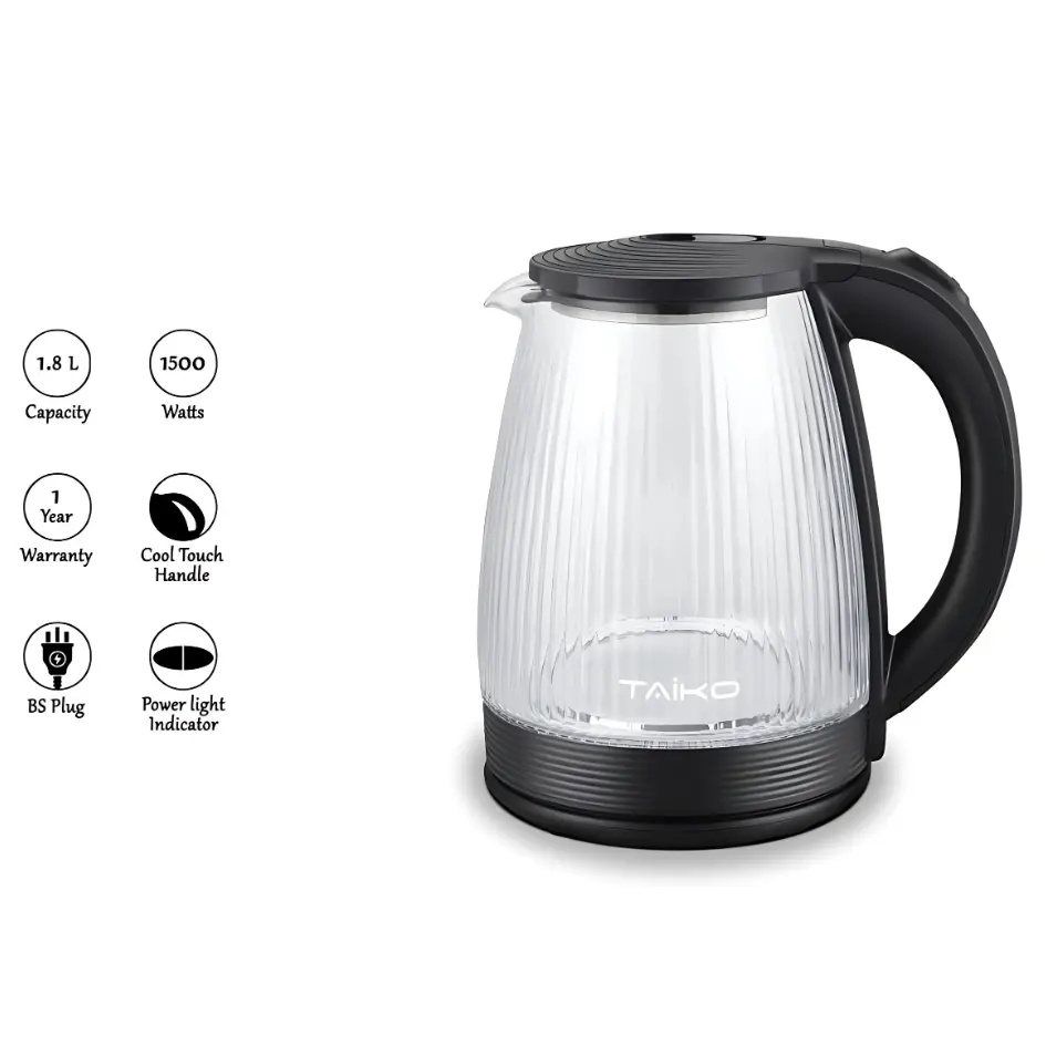 Taiko Electric Glass Kettle 1.8L – CRYSTALPOT 1800 Upgrade your kitchen with the Taiko Electric 1.8L Glass Kettle – CRYSTALPOT 1800, designed for both functionality and elegance. Made with high borosilicate glass, this kettle is durable, stain-resistant, and built to handle high temperatures without compromising on style. Its sleek crystal-clear body adds a touch of sophistication to your countertop while letting you monitor the water as it boils. 🔹 Key Features: 1.8L Capacity – Perfect for boiling enough water for the whole family. High Borosilicate Glass Body – Ensures durability and prevents stains over time. Automatic One-Button Starter – Simple operation for fast boiling. Boil Dry Protection – Automatically turns off when the kettle is empty, ensuring safety and energy efficiency. 360° Rotational Base – Easy to handle and pour from any angle. Stainless Steel Heating Plate – Rapid and even heating every time. One Year Warranty – Enjoy peace of mind with reliable performance guaranteed. Ideal for Sri Lankan households and offices, the Taiko CrystalPot kettle is your go-to appliance for quick and efficient boiling. Whether you're making tea, coffee, or instant noodles, this kettle delivers with speed and style.