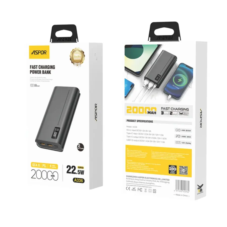 ASPOR A336 22.5W 20000mAh Power Bank - Shopo.lk Sri Lanka