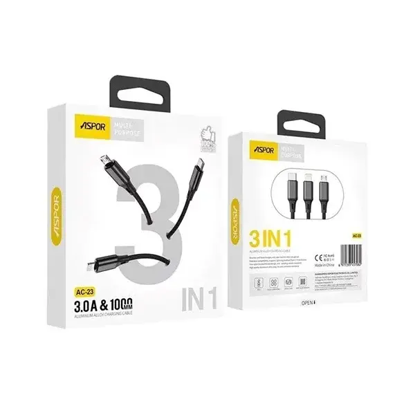 Aspor AC-23 Aluminum Alloy 3-in-1 Charging Cable - Shopo.lk Sri Lanka