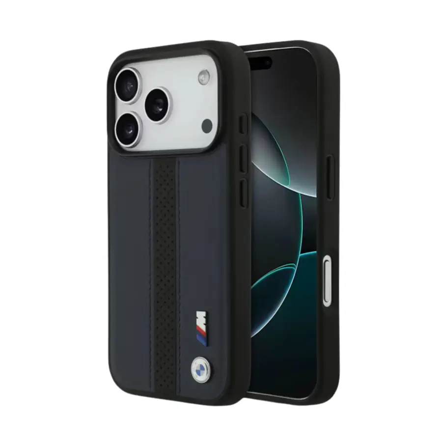 BMW Magsafe PU Perforated Stripes Leather Case for iPhone 17 Pro / 17 Pro Max - Navy/Black - Shopo.lk Sri Lanka