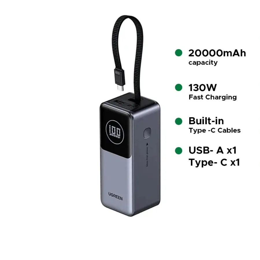 UGREEN 55365B 130W Power Bank with Built-in Cable PB723 - Shopo.lk Sri Lanka