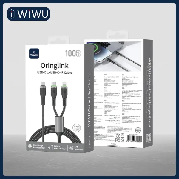 Wiwu WI-C072 Oringlink PD 100W Usb-c to Usb-c+ip 1M LED Indicator Nylon Cable - Shopo.lk Sri Lanka