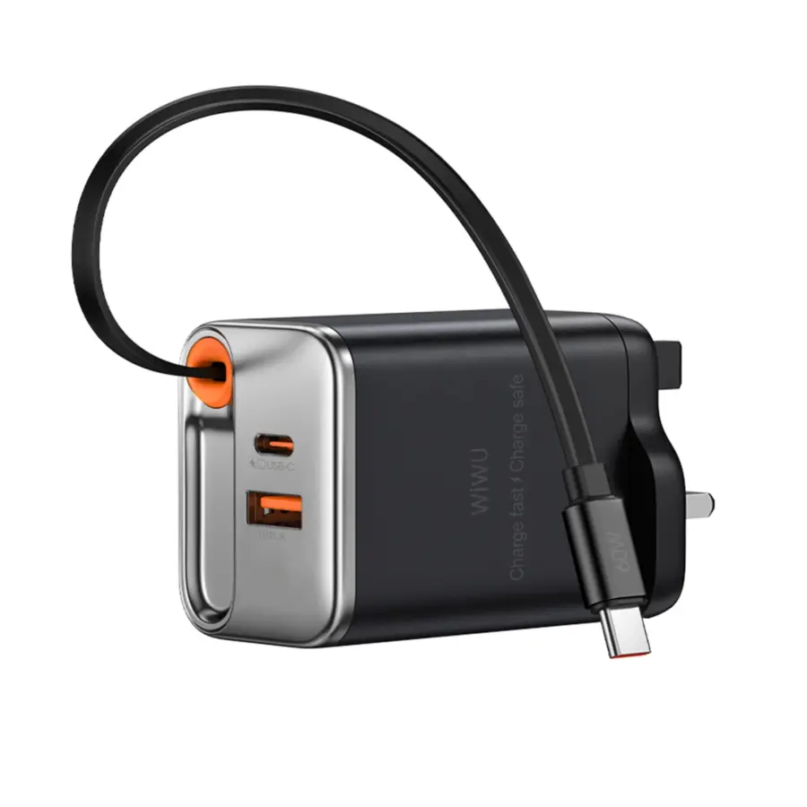 Wiwu WI-G020 Helix PD 67w Gan Fast Charger With Built In Retractable Cable 70cm Black UK - Shopo.lk Sri Lanka