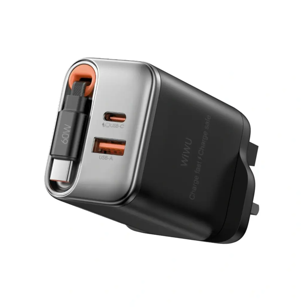 Wiwu WI-G020 Helix PD 67w Gan Fast Charger With Built In Retractable Cable 70cm Black UK - photo 2 - Shopo.lk