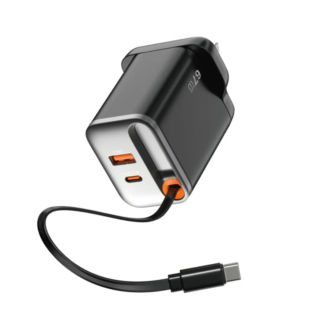 Wiwu WI-G020 Helix PD 67w Gan Fast Charger With Built In Retractable Cable 70cm Black UK - photo 3 - Shopo.lk