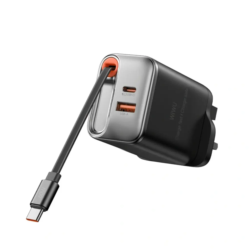 Wiwu WI-G020 Helix PD 67w Gan Fast Charger With Built In Retractable Cable 70cm Black UK - photo 4 - Shopo.lk