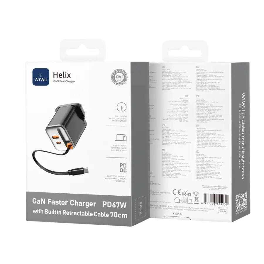 Wiwu WI-G020 Helix PD 67w Gan Fast Charger With Built In Retractable Cable 70cm Black UK - photo 5 - Shopo.lk