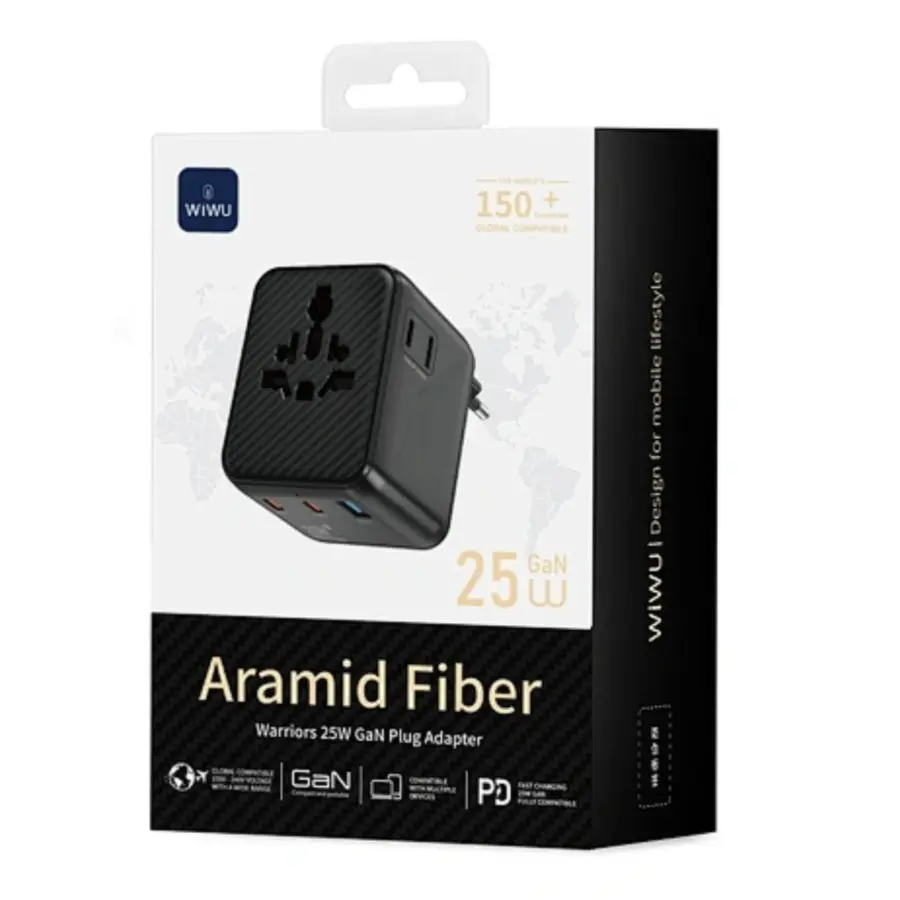WiWU Wi-UA011 Aramid Fiber Warriors 25W GaN Plug Adapter - Black - Shopo.lk Sri Lanka