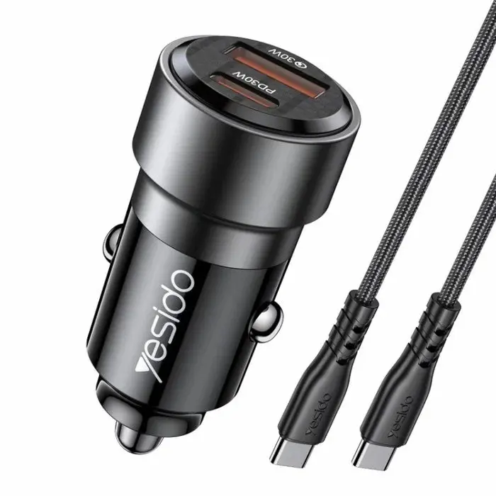 YESIDO Y55 SUPER FAST 60w USB-C30w COMPATIBLE PD&PPS USB-A QC3.0 30w CAR DOCK + USB-C to USB-C CABLE - Shopo.lk Sri Lanka