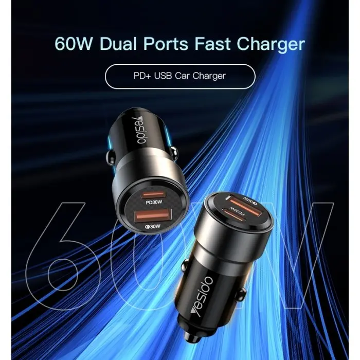 YESIDO Y72 SUPER FAST PD30w DUAL PORT FAST CHARGER With 60w USB-C to LIGHTNING CABLE - Shopo.lk Sri Lanka